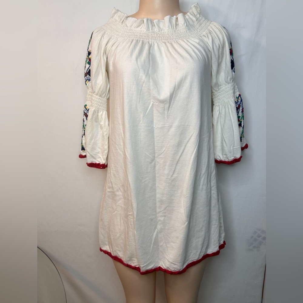 ASOS Embroidered Cream Tunic Women’s Mini Dress Shirt White with Red Accents 4